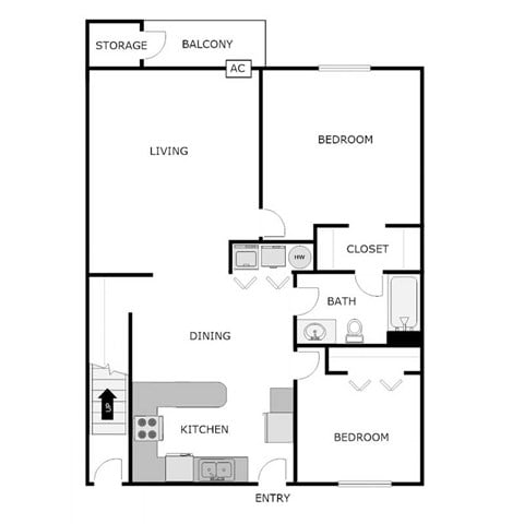 Floor plan for 2 beds, 1 bath, 775 sqft